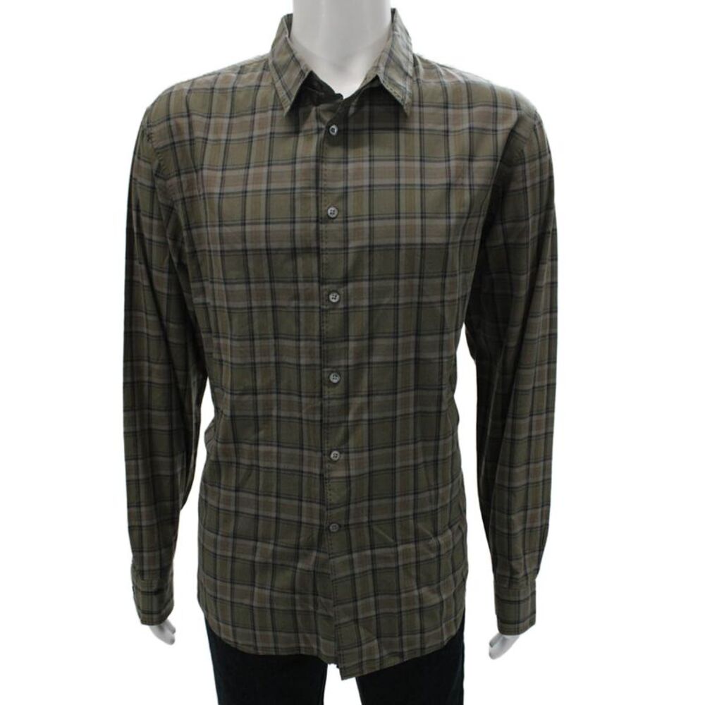 John Varvatos Mens Cotton Plaid Button Up Shirt Taupe Size 2XL